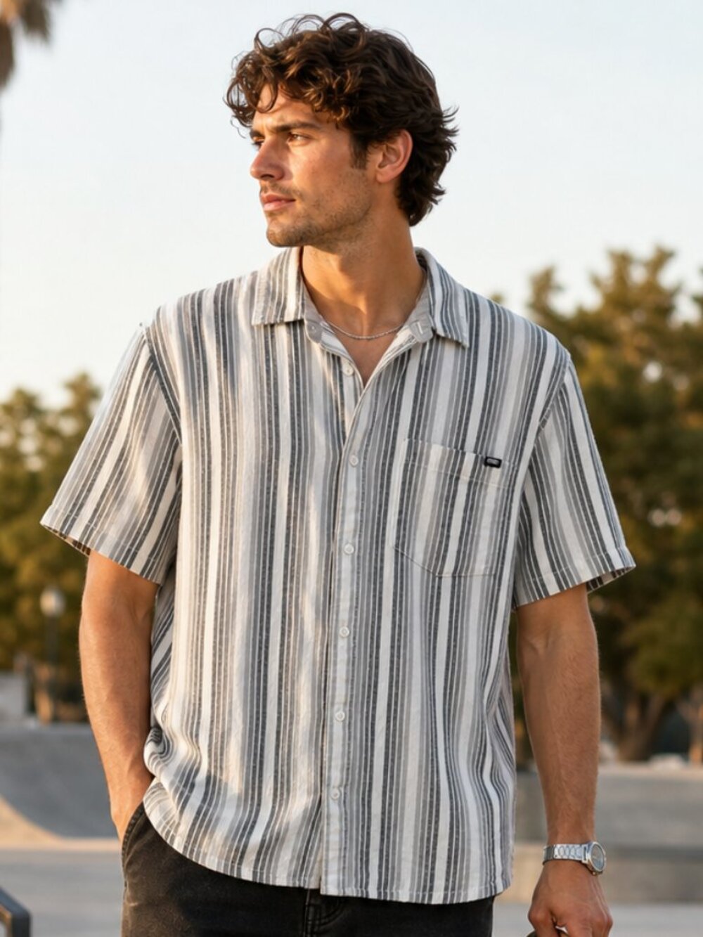 Mens Vans Striped Cotton Button Down Skate Shirt Gray White Size M